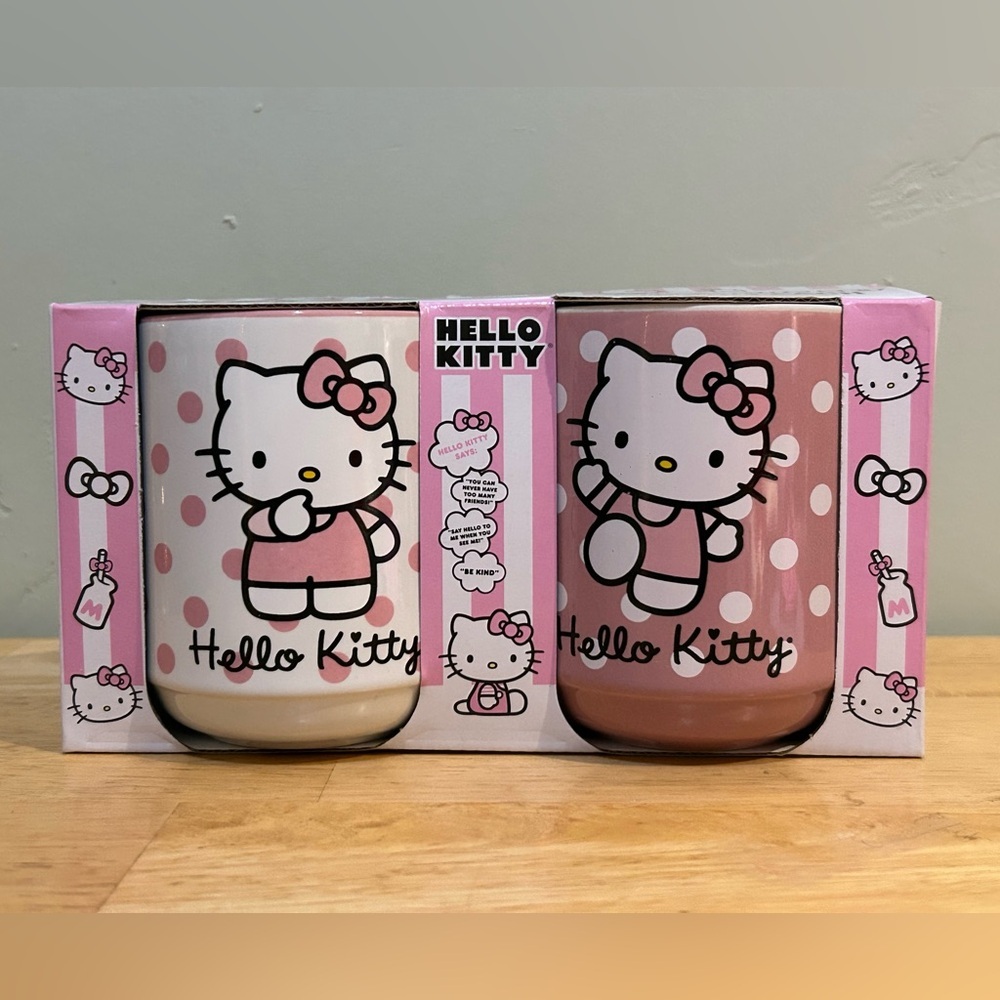 Hello Kitty Pink & White Polka Dot Ceramic TeaCup Set Made By Sanrio. New In Box